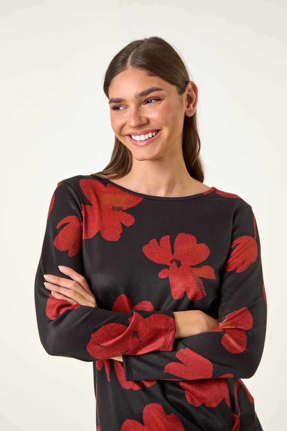 Roman Red Floral Print Stretch Hem Top