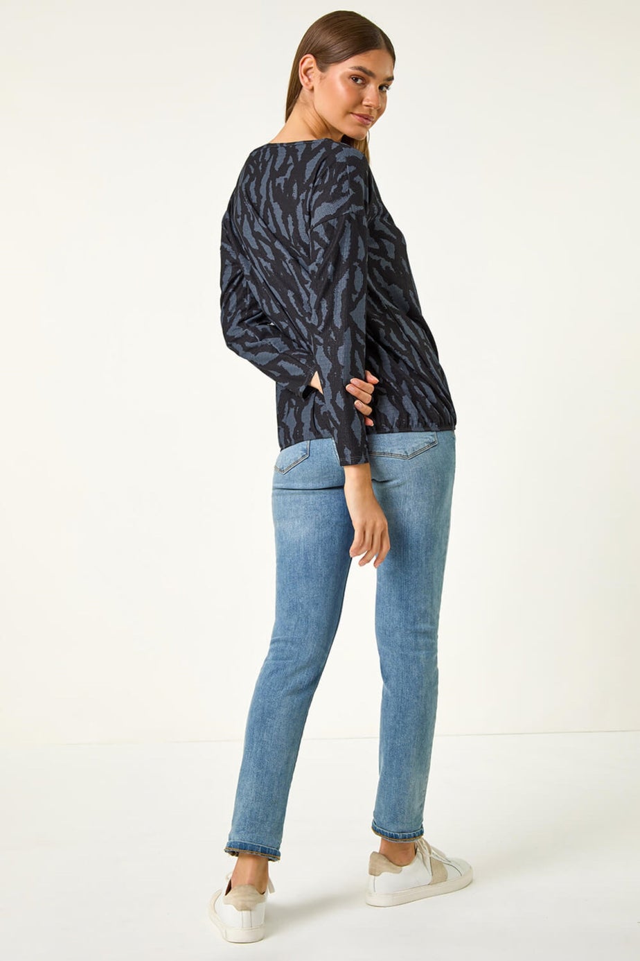 Roman Teal Tie Hem Geometric Print Top