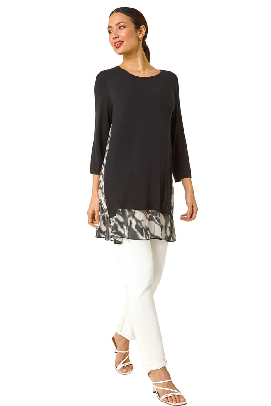 Roman Grey Abstract Contrast Mesh Stretch Tunic