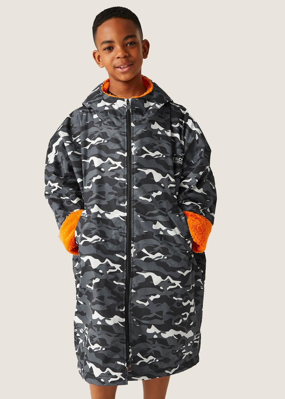 Regatta Black Camo Persimmon Kids' Junior Waterproof Hydrofort Robe (3-13 Years)