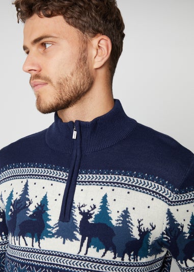Threadbare Navy Quarter Zip Christmas Knitted Jumper