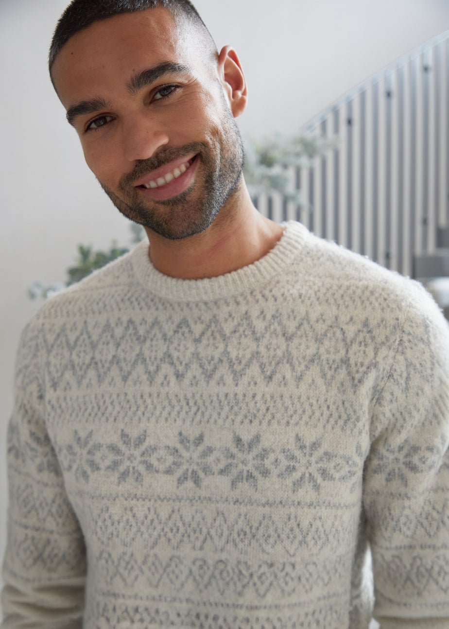 Threadbare Light Grey Fairisle Crew Neck Christmas Jumper