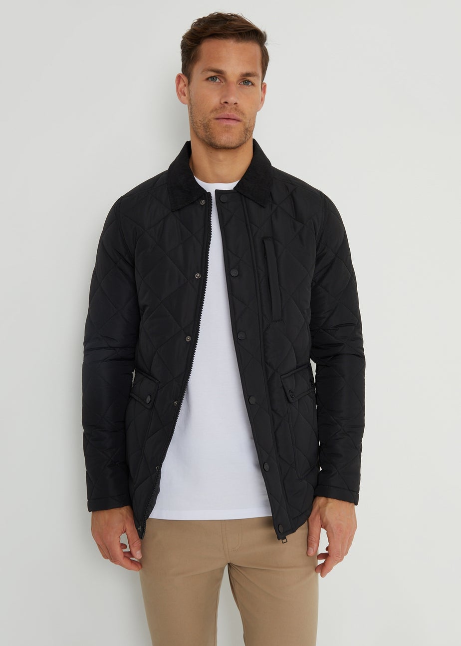 Threadbare Black Showerproof Diamond Quilted Collared Jacket
