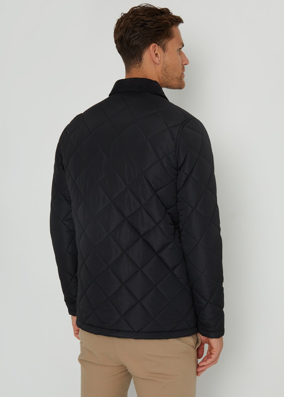 Threadbare Black Showerproof Diamond Quilted Collared Jacket