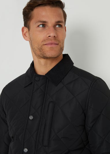 Threadbare Black Showerproof Diamond Quilted Collared Jacket