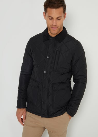Threadbare Black Showerproof Diamond Quilted Collared Jacket