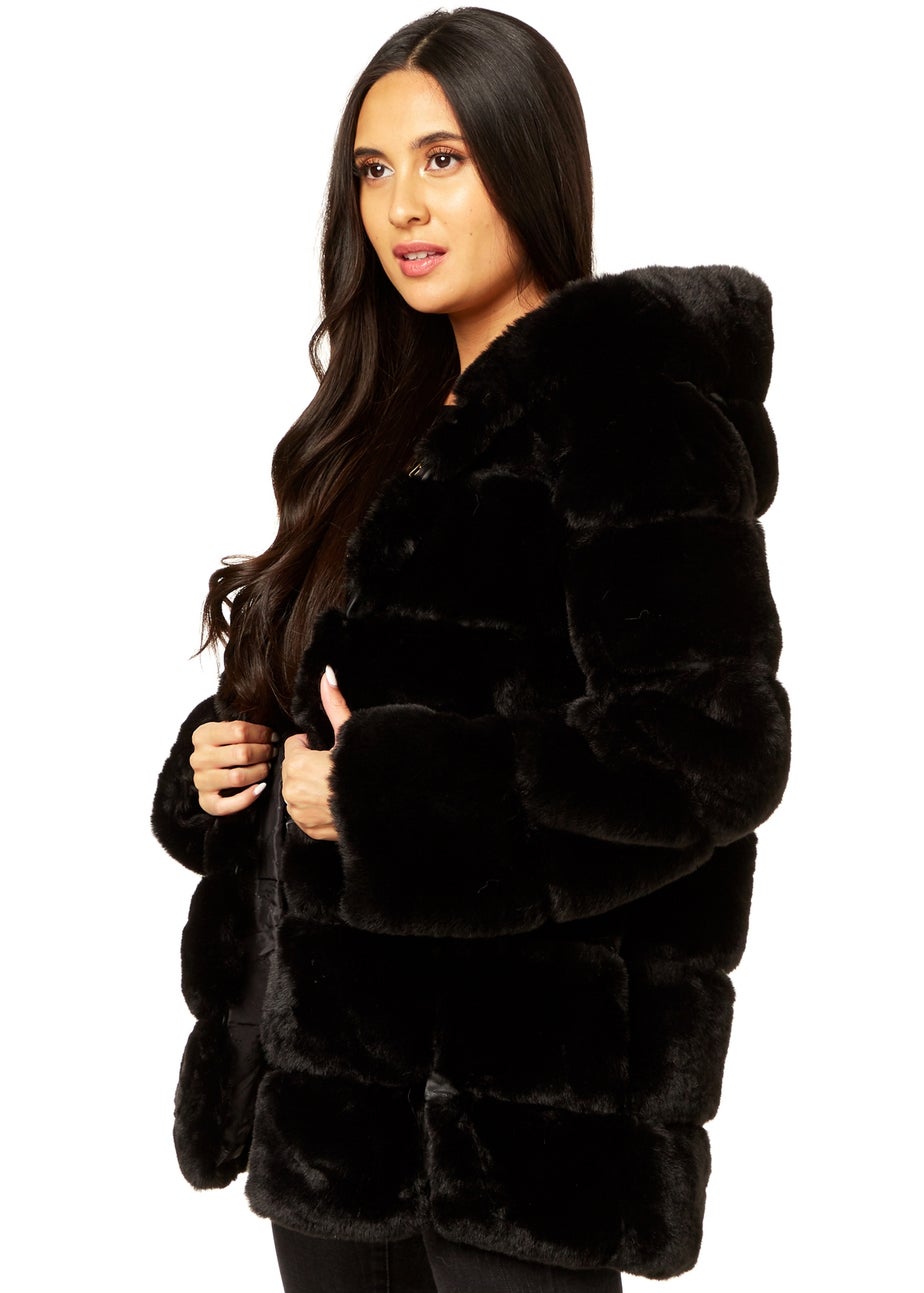 Gini London Black Horizontal Cut Fur Hooded Jacket