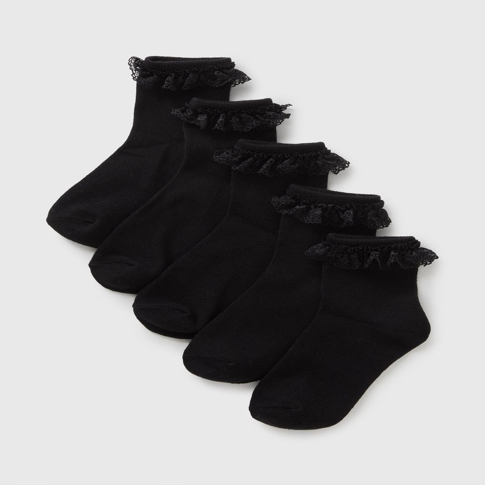 5 Pack Girls Black Frill Lace Socks (Younger 6-Older 6.5)