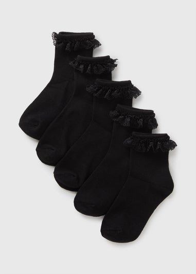 5 Pack Girls Black Frill Lace Socks (Younger 6-Older 6.5)