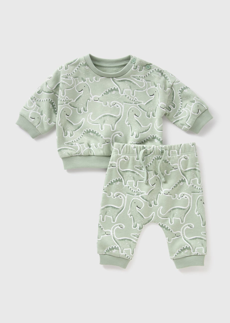 Baby Green Dino Sweatshirt Jogging Bottoms Set (Newborn-23mths