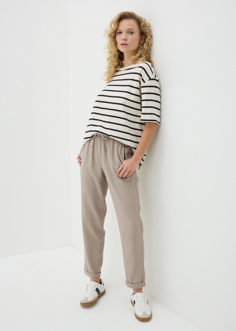 Taupe Linen Blend Tapered Trousers