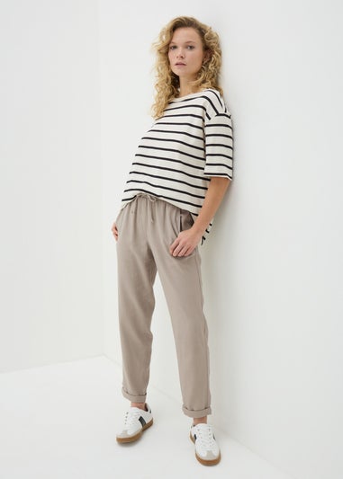 Taupe Linen Blend Tapered Trousers