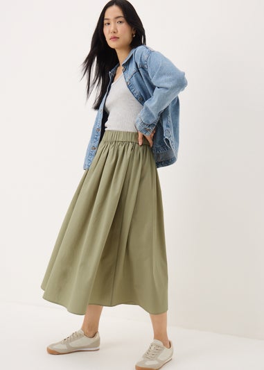 Khaki Midi Poplin Skirt