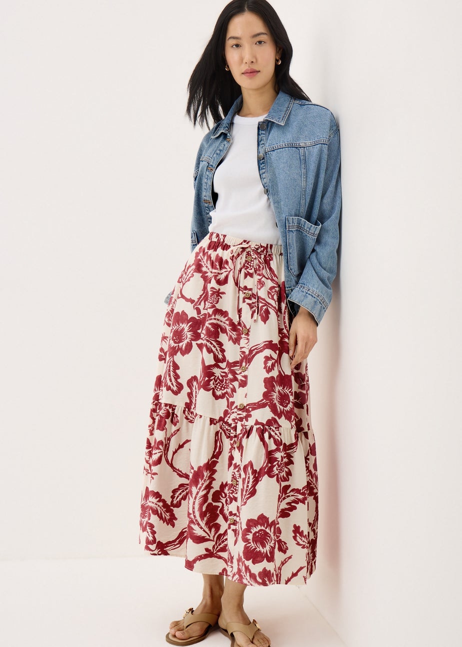 Raspberry Floral Button Tiered Midaxi Skirt