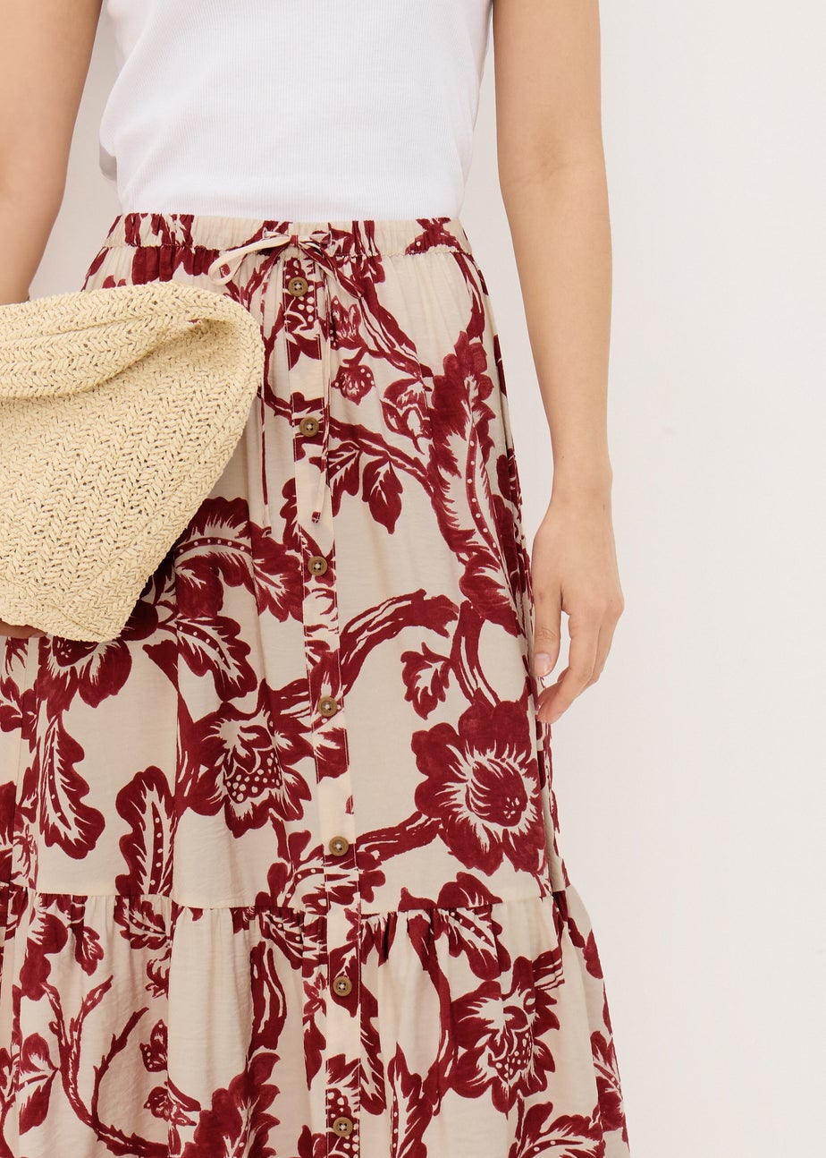 Raspberry Floral Button Tiered Midaxi Skirt