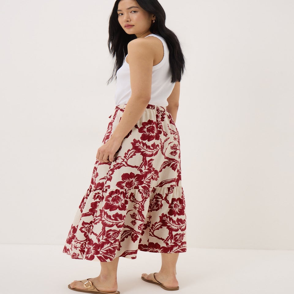 Raspberry Floral Button Tiered Midaxi Skirt