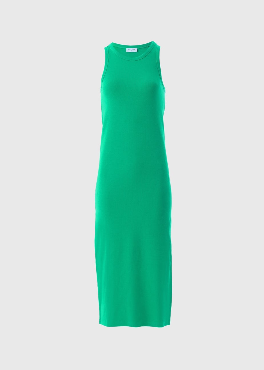 Green Racer Back Ribbed Midi Dress