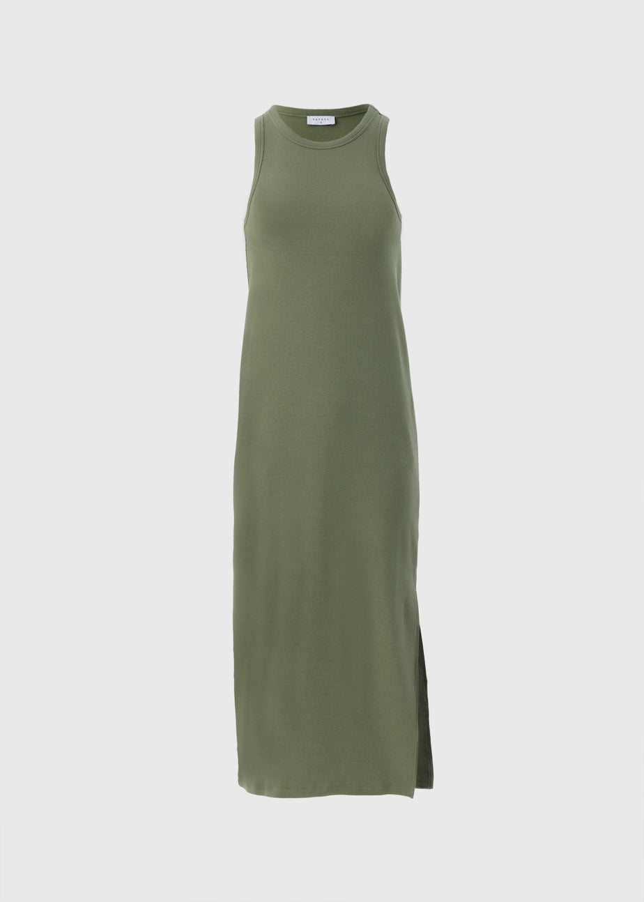 Khaki Racer Back Ribbed Midi Dress