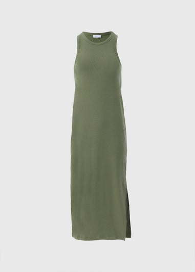 Khaki Racer Back Ribbed Midi Dress