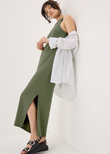 Khaki Racer Back Ribbed Midi Dress