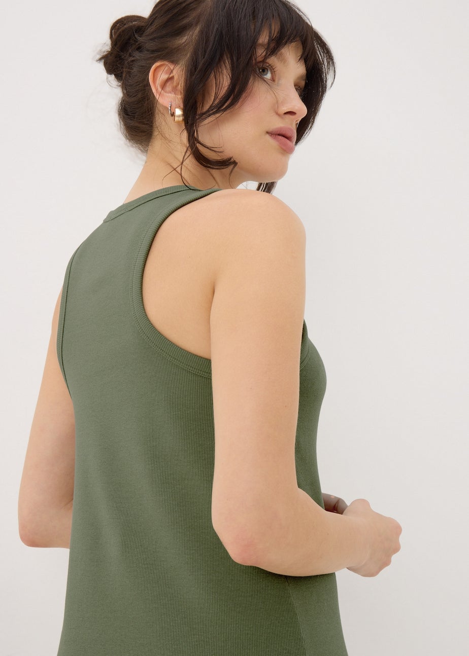 Khaki Racer Back Ribbed Midi Dress