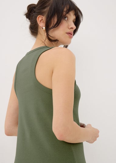 Khaki Racer Back Ribbed Midi Dress