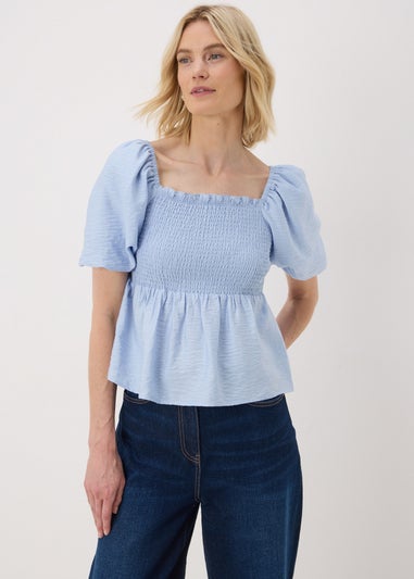 Pale Blue Shirred Tie Back Blouse