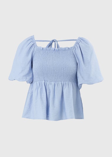 Pale Blue Shirred Tie Back Blouse