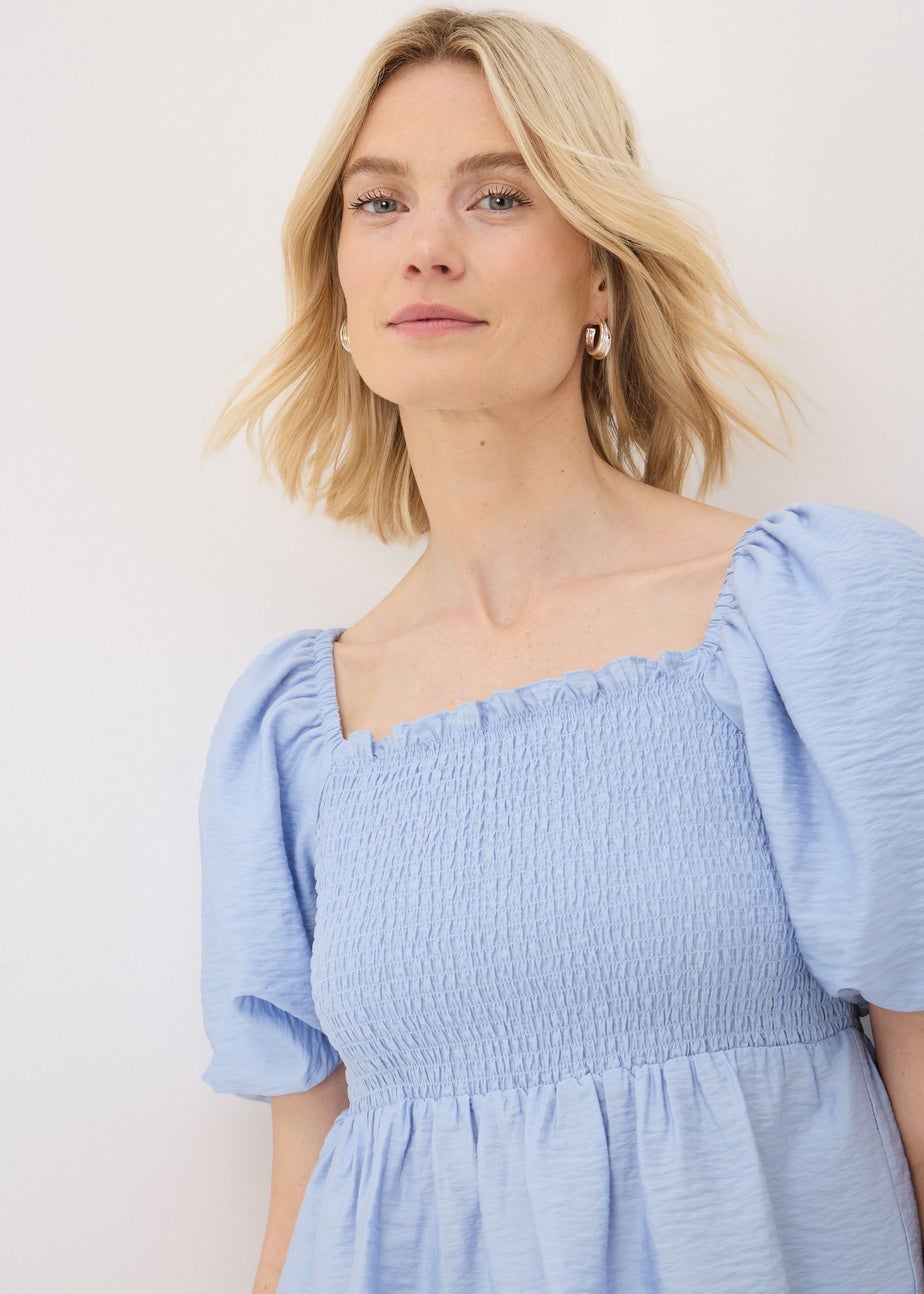 Pale Blue Shirred Tie Back Blouse