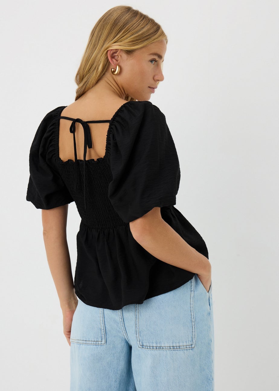 Black Shirred Tie Back Blouse