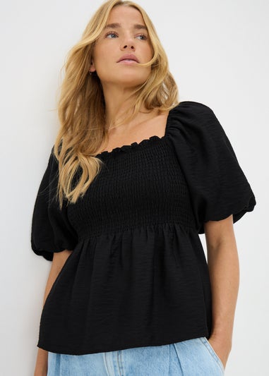 Black Shirred Tie Back Blouse