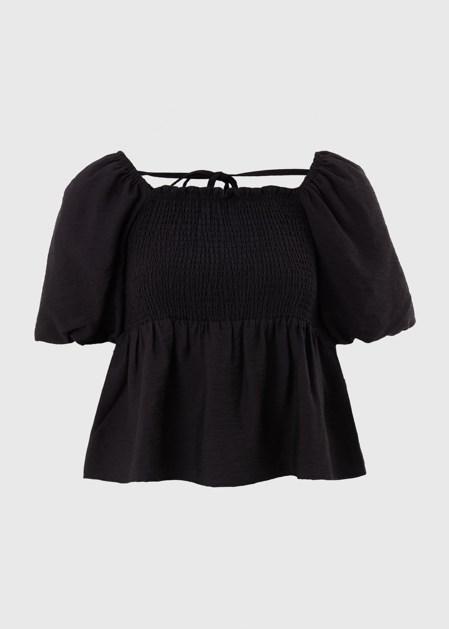 Black Shirred Tie Back Blouse