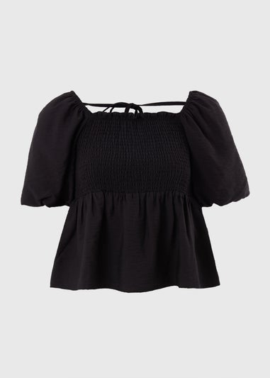 Black Shirred Tie Back Blouse