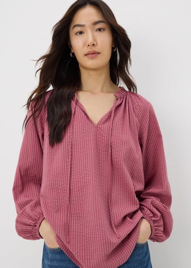 Raspberry Boho TexturedTie Neck Blouse