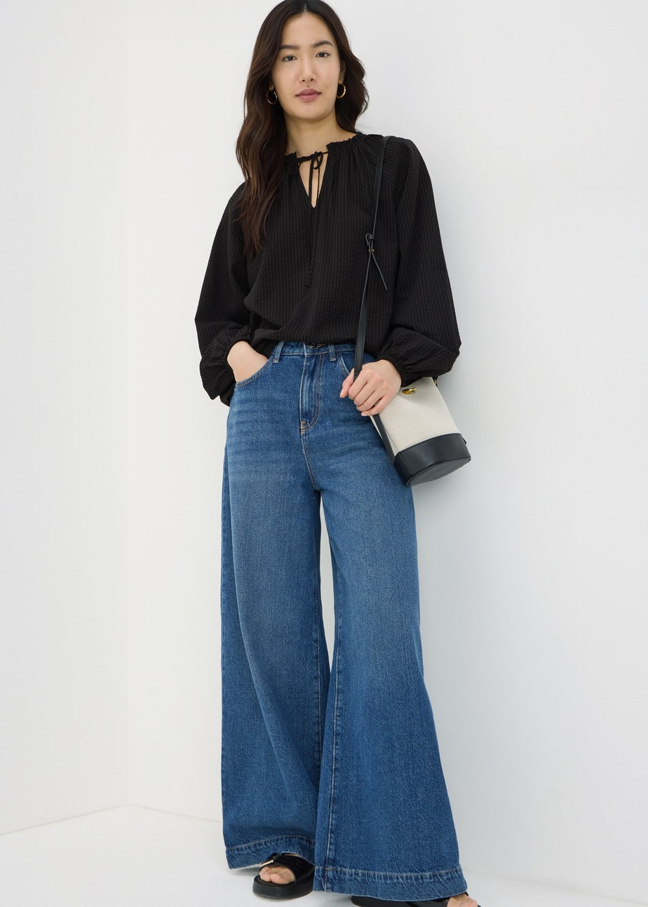 Black Boho Tie Neck Blouse