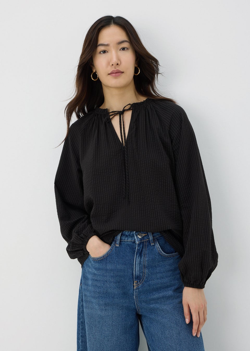 Black Boho Tie Neck Blouse