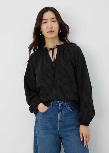 Black Boho Tie Neck Blouse