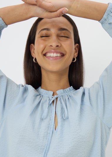 Pale Blue Boho Textured Tie Neck Blouse