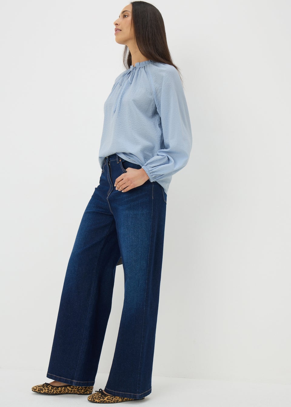 Pale Blue Boho Textured Tie Neck Blouse