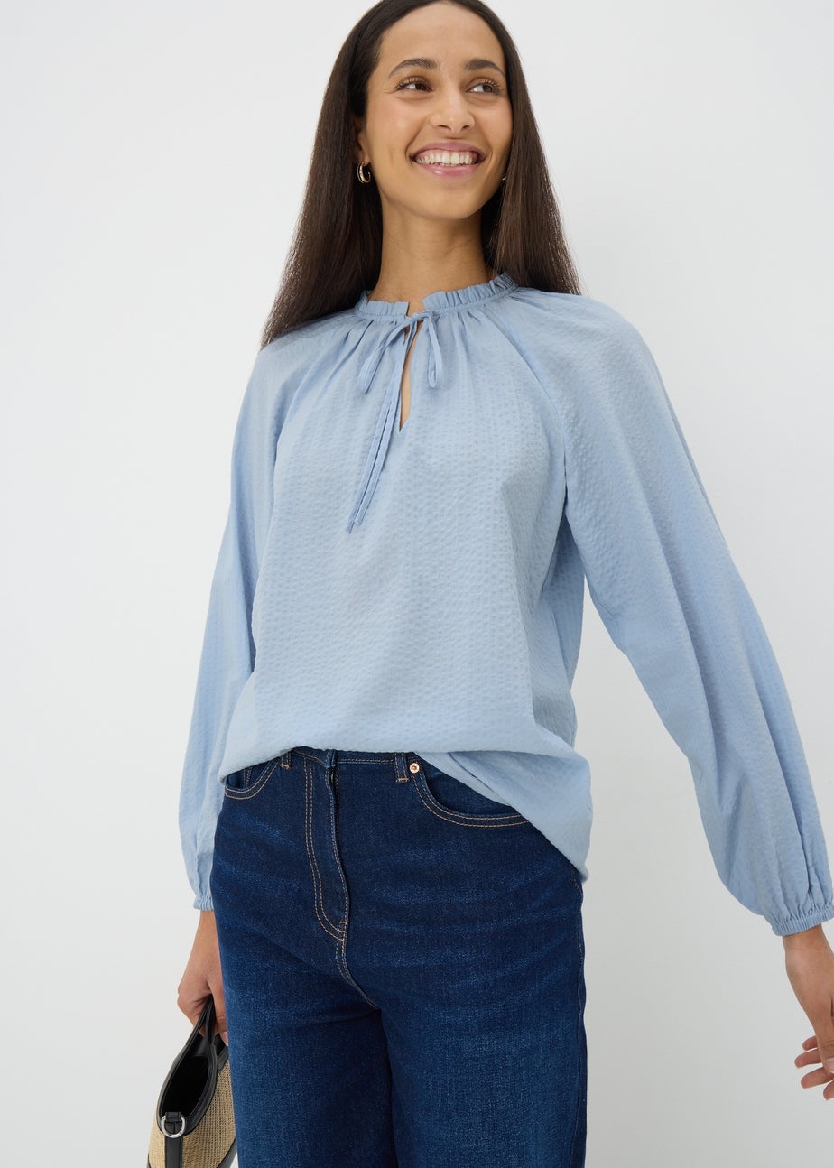Pale Blue Boho Textured Tie Neck Blouse