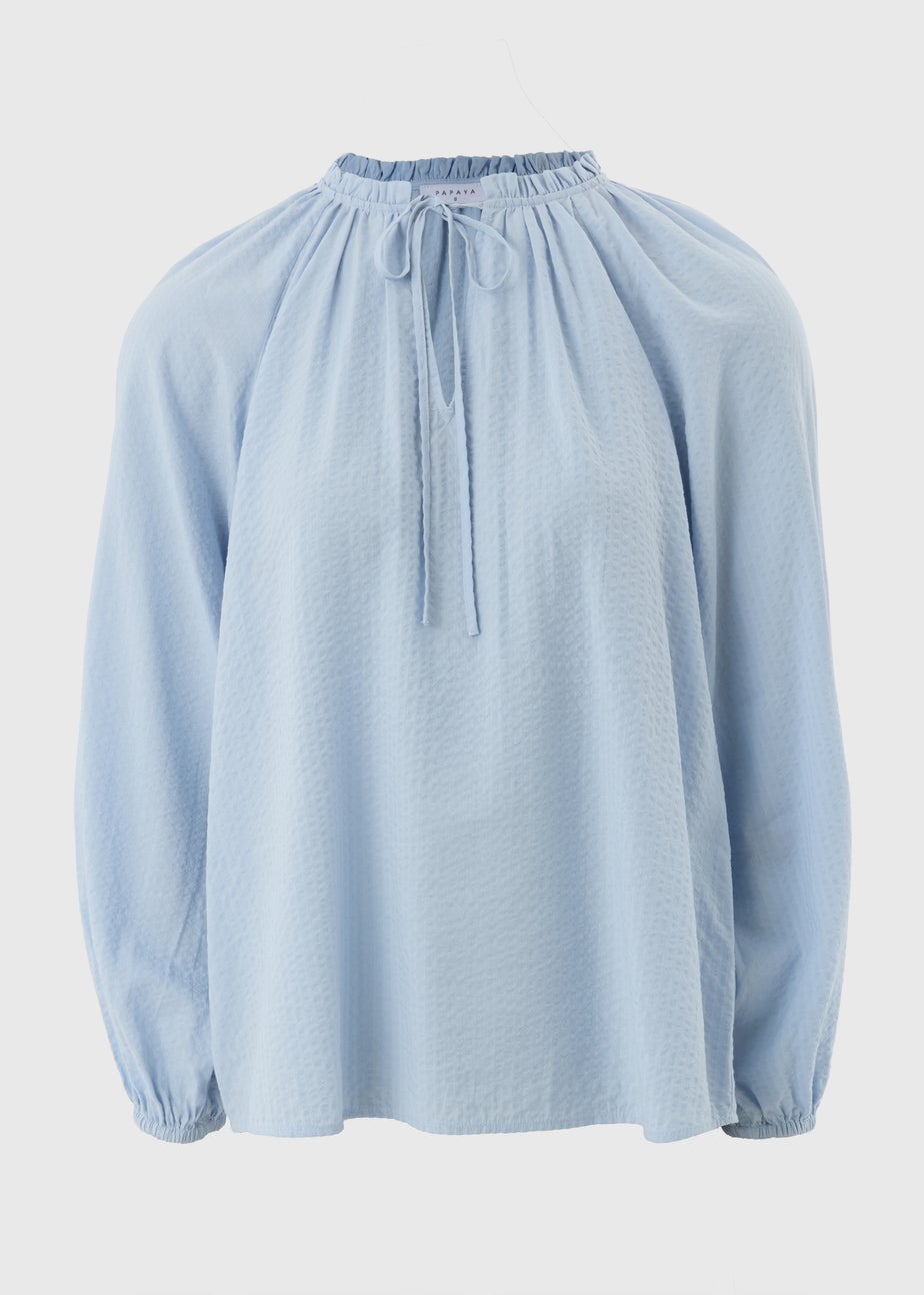 Pale Blue Boho Textured Tie Neck Blouse