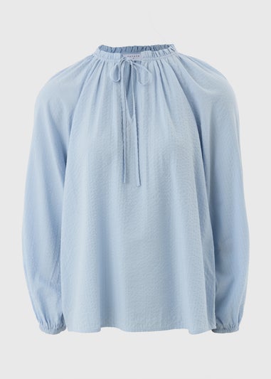 Pale Blue Boho Textured Tie Neck Blouse