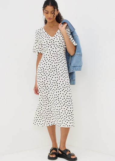 Cream Spot Print Midi Tea Dress