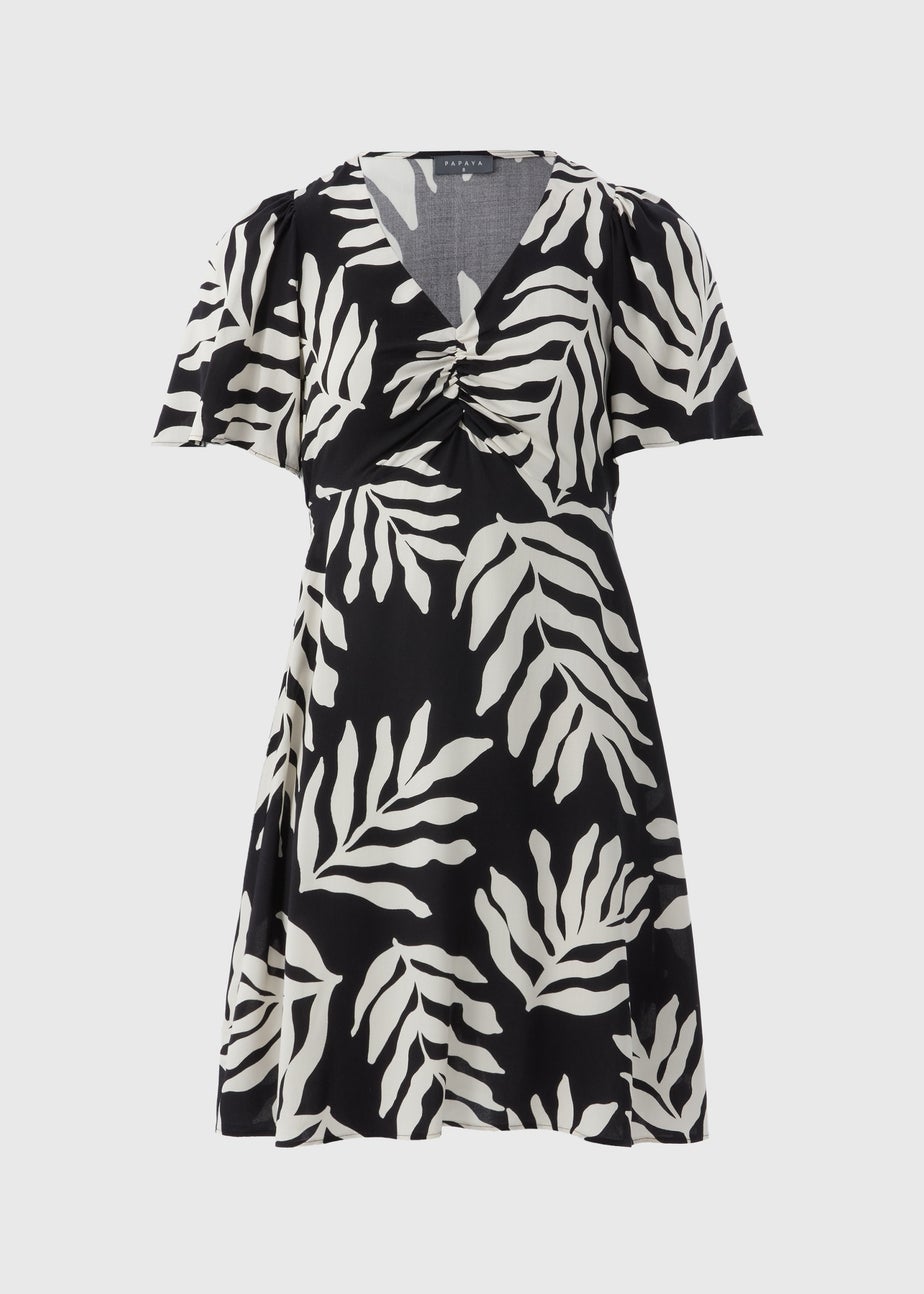 Black Monochrome Leaf Mini Tea Dress