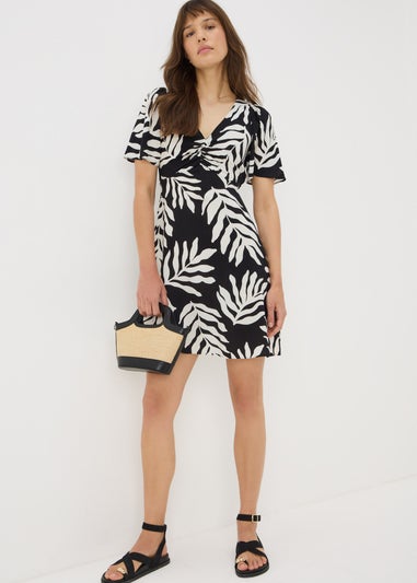 Black Monochrome Leaf Mini Tea Dress