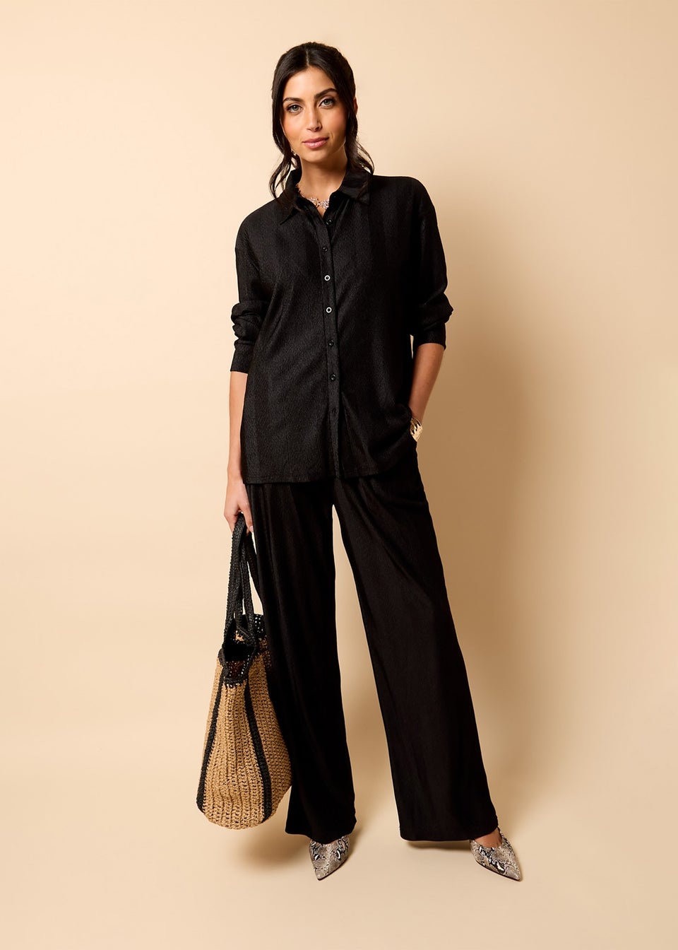 Little Mistress Black Co Ord Plisse Shirt by Vicky Pattison