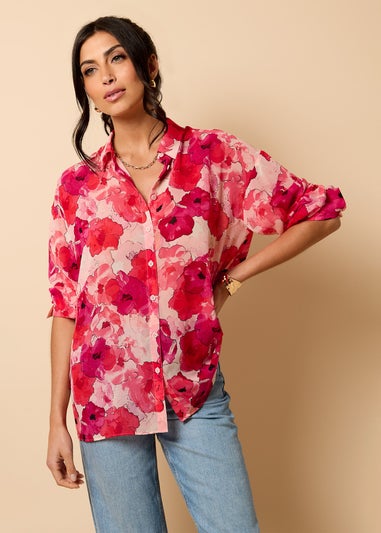 Little Mistress Red Floral Print Chiffon Shirt by Vicky Pattison