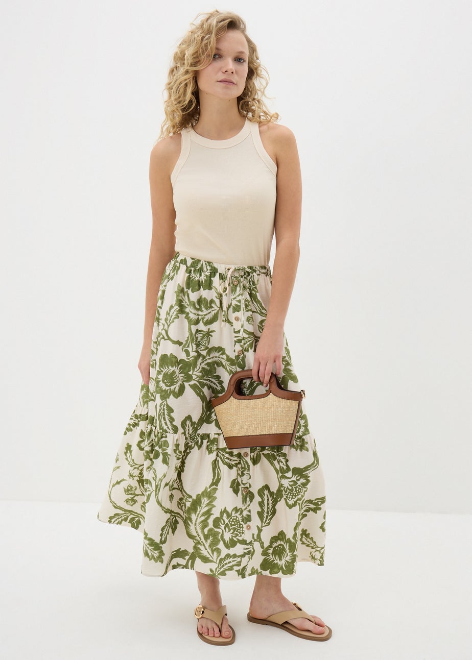 Papaya Petite Green Floral Button Front Tiered Skirt