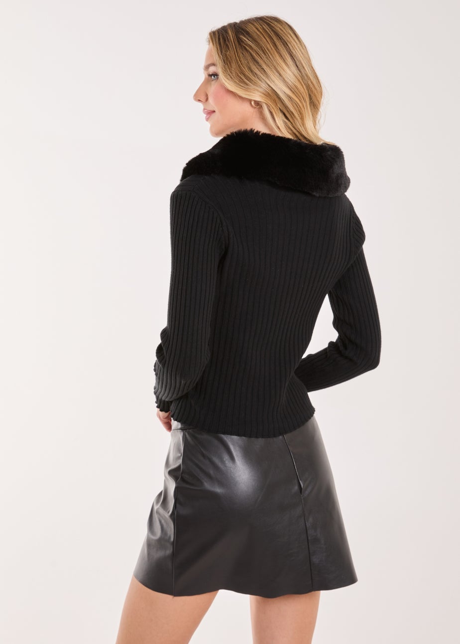 Pink Vanilla Black Fur Collared Button-Up Cardigan