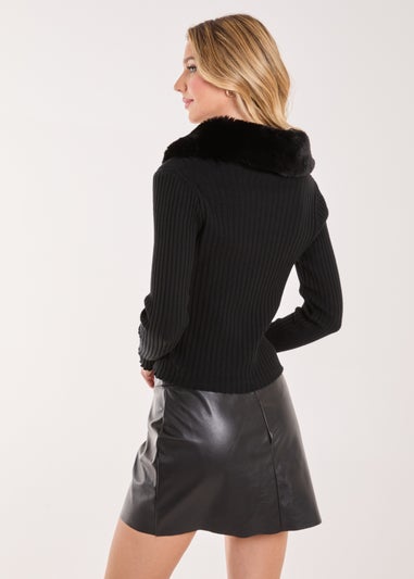 Pink Vanilla Black Fur Collared Button-Up Cardigan